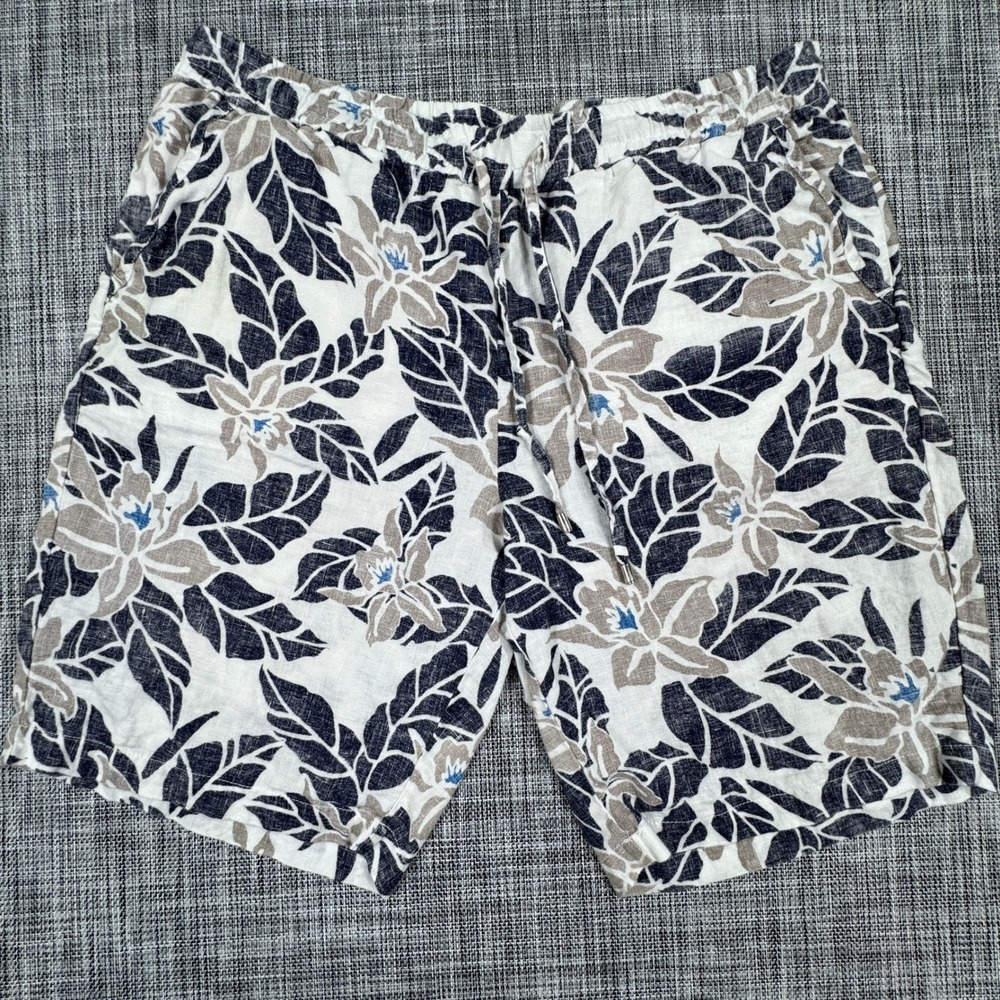 Tommy Bahama Mens 100% Linen Shorts Large White Blue Tropical Floral Drawstring